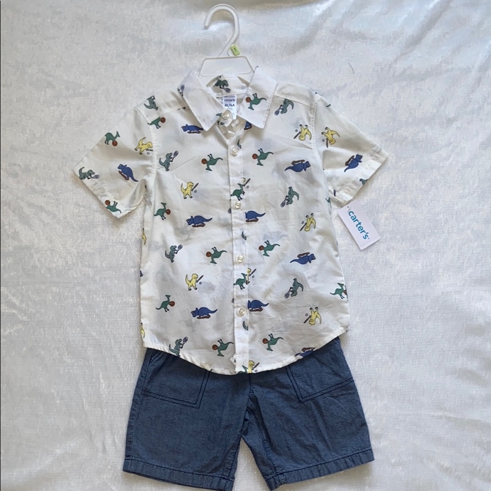 Carter's White and Blue Dinosaur Print Button Down Shirt and Shorts Set